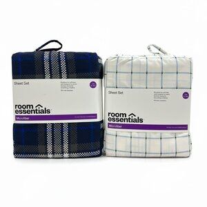 Room Essentials Twin XL Microfiber Sheet 2- Set Blue Plaid & White Grid Wrinkle